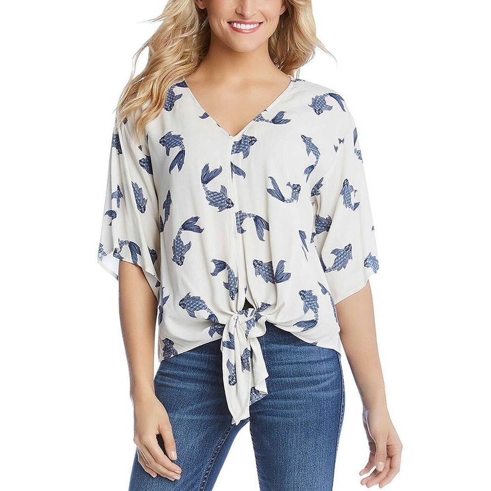 Karen Kane Koi Fish Print Tie Front Blouse Size XL Artsy Coastal Career Business